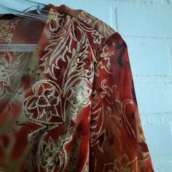 Laura Petites Rust tones Gold Glitter Semi Sheer Layered Tie Back Blouse Small P - Picture 3 of 11